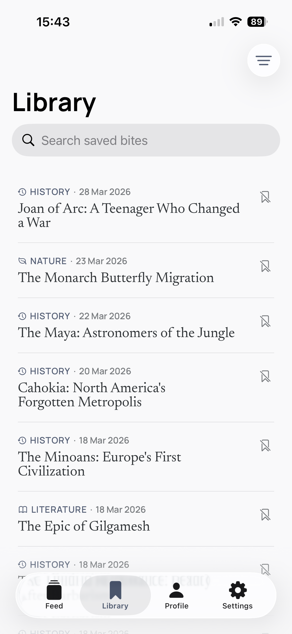 LearnFeed Library — save knowledge bites from history, nature, and literature