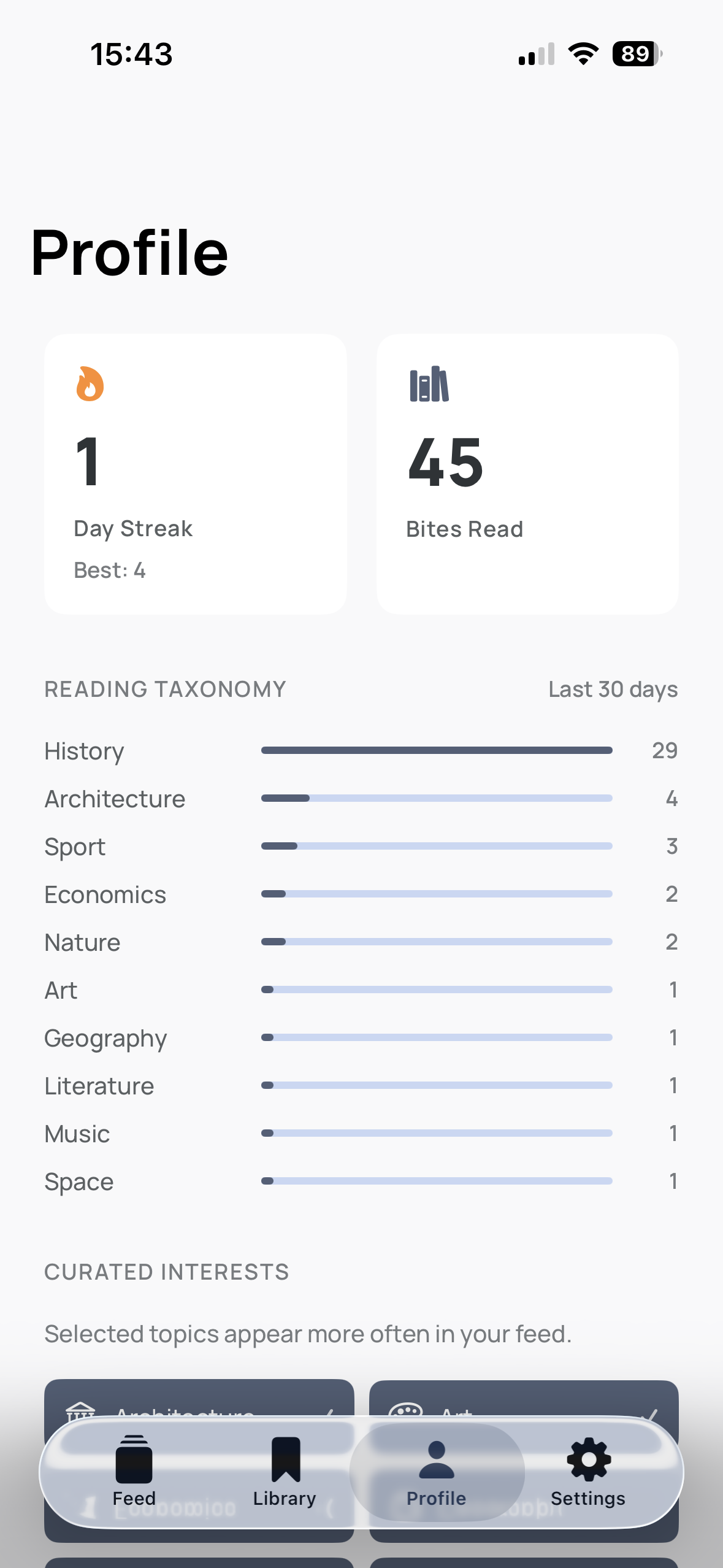LearnFeed Profile — track your reading streak and learning habits